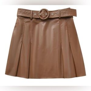 ZARA ChocoBrown Faux Leather Pleated Mini Skirt with Belt